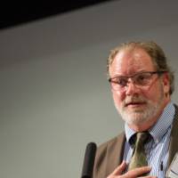 Kelly Parker, professor of philosophy and Director of the Environmental Studies program at GVSU, addresses the audience.